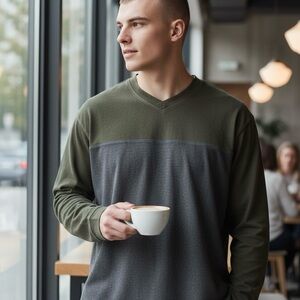 Izod Men’s Large Long Sleeve V-Neck Colorblock Thermal Shirt Olive/Gray